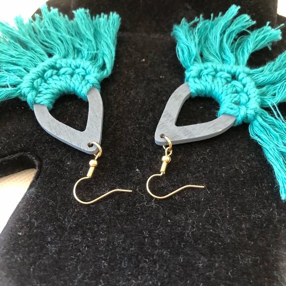 Green Macrame Fan Fringe Cutout Colored Wood Teardrop Bohemian Dangle Earrings - Picture 11 of 12